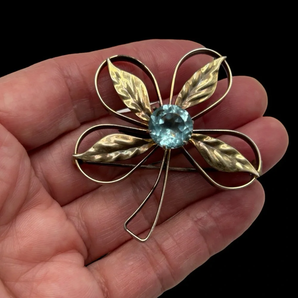 Vintage 1940's Sterling Glass Blue Zircon Brooch